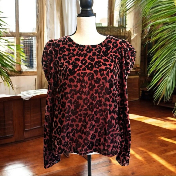 DOLAN | ANTHROPOLOGIE Brown Velvet Leopard Print Long Puff Sleeve Top - Small - Picture 1 of 12